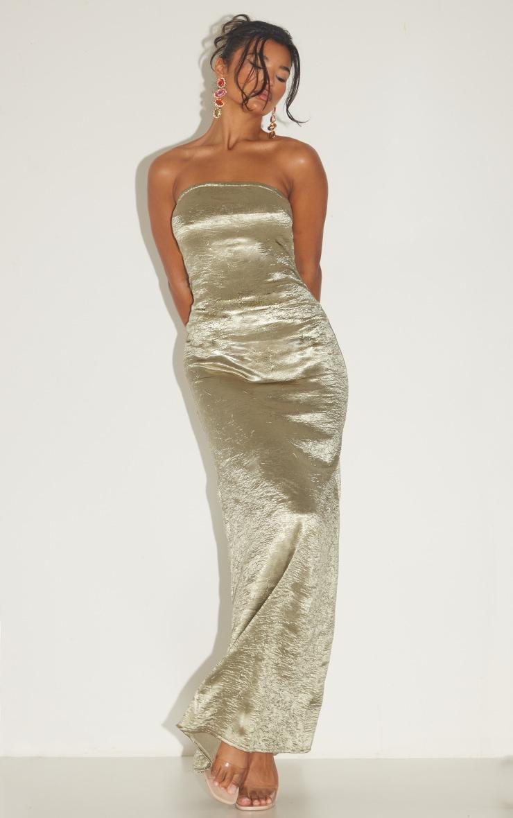 Khaki Textured Satin Cowl Bandeau Maxi Dress Product Image