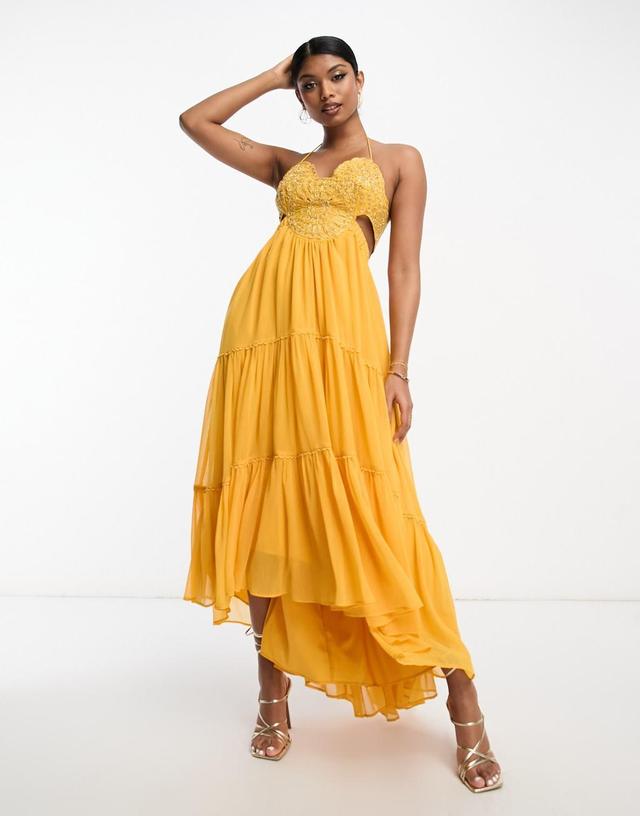 ASOS DESIGN embellished bodice tiered maxi dress with hi low hem and open back in mustard Product Image