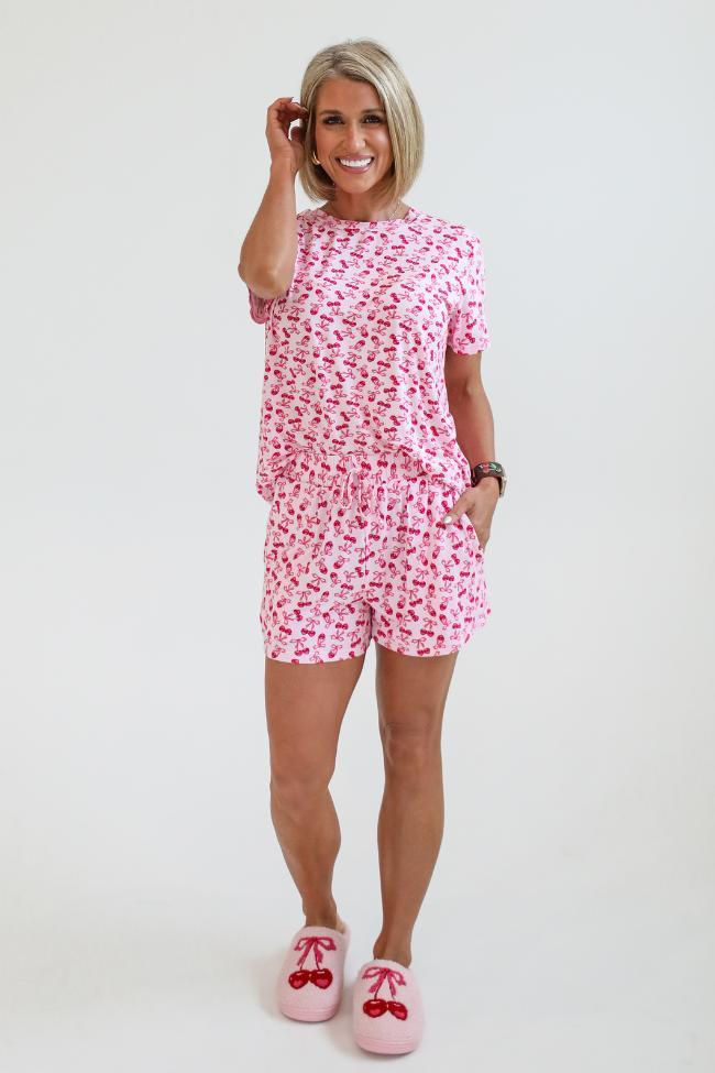 Over the Moon Cherry Hearts Pajama Shorts Kalee Rogers x Pink Lily SALE Product Image