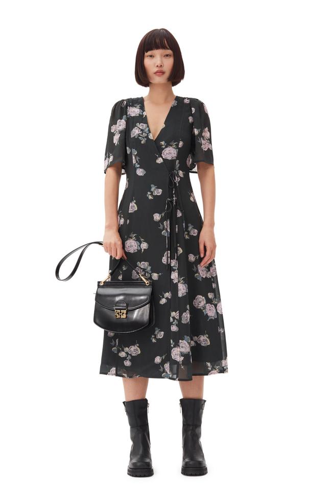 Black Floral Crepe Wrap Midi Dress Product Image