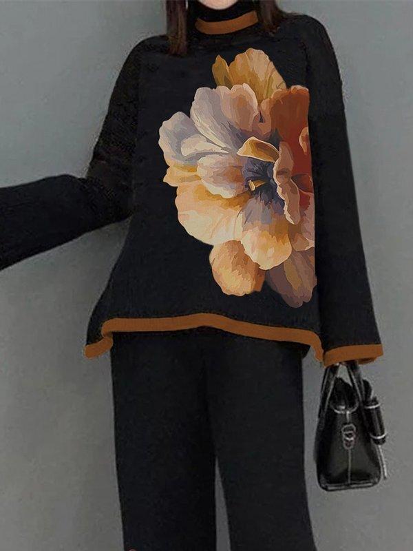 Flared Sleeves Long Sleeves Flower Print Split-Joint Mock Neck T-Shirts Tops Product Image