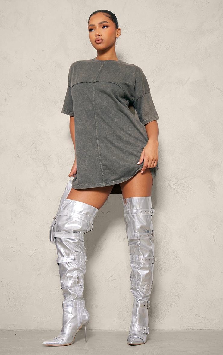 Silver Pu Point Toe Buckled Over The Knee Heeled Boots product image