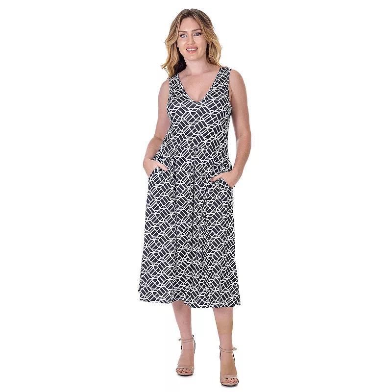 Womens 24Seven Comfort Apparel Midi Length Geo Print Sleeveless Pleated Pocket Dress Product Image