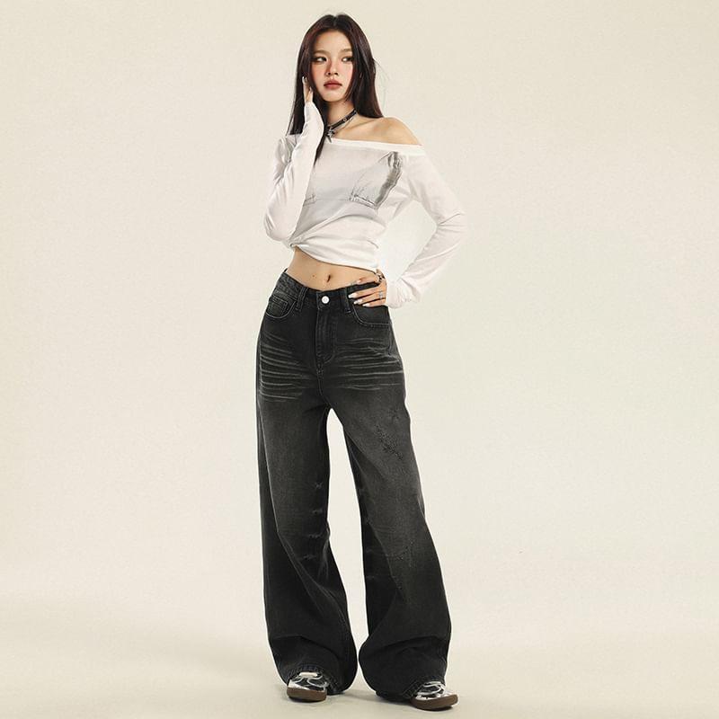 Mid Waist Washed Wide Leg Jeans (Various Designs) Product Image