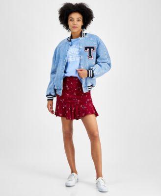 Tommy Jeans Womens Denim Snap Front Cotton Letterman Jacket Vintage Varsity Cotton T Shirt Floral High Rise Flounce Mini Skirt Product Image