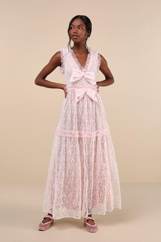 Filly Blush Pink Lace Ruffled Bow Midi Dress Product Image