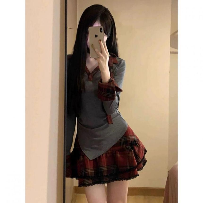 Set: Long-Sleeve Plaid Collar Polo Shirt + High Rise Lace Trim Mini A-Line Layered Skirt Product Image