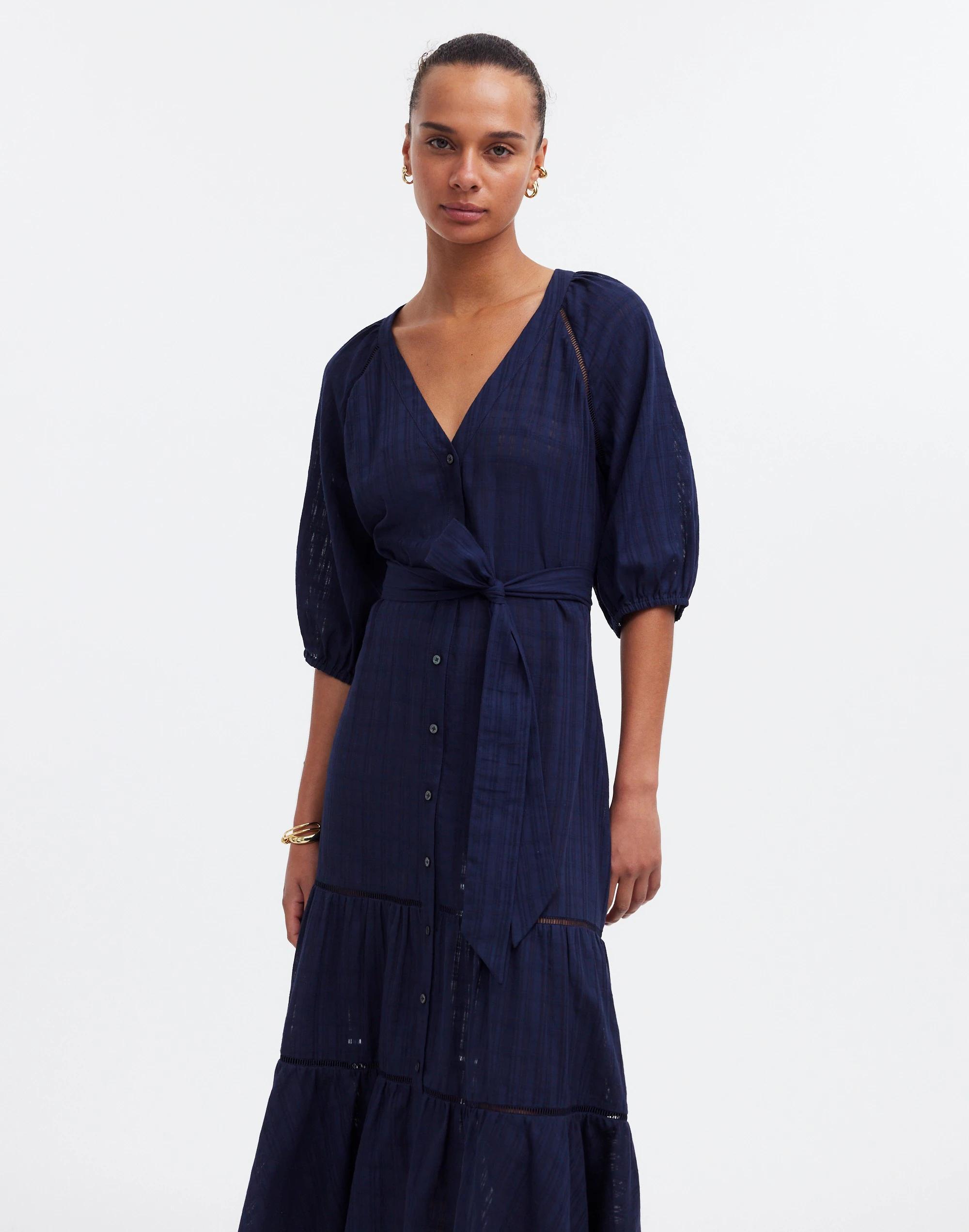 Tie-Waist Tiered Midi Dress in Windowpane Product Image