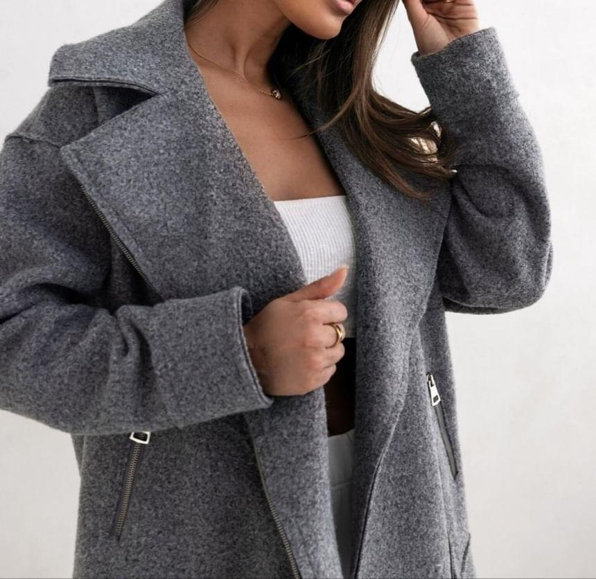 Lapel Collar Plain Zip-Up Jacket Product Image