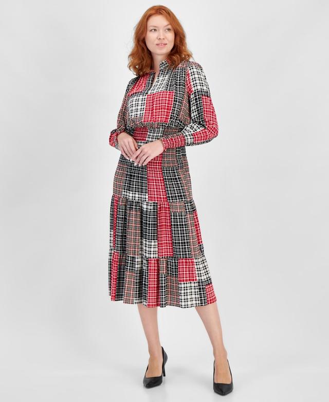 Nautica Jeans Womens Plaid Smocked Long-Sleeve Midi Dress Product Image