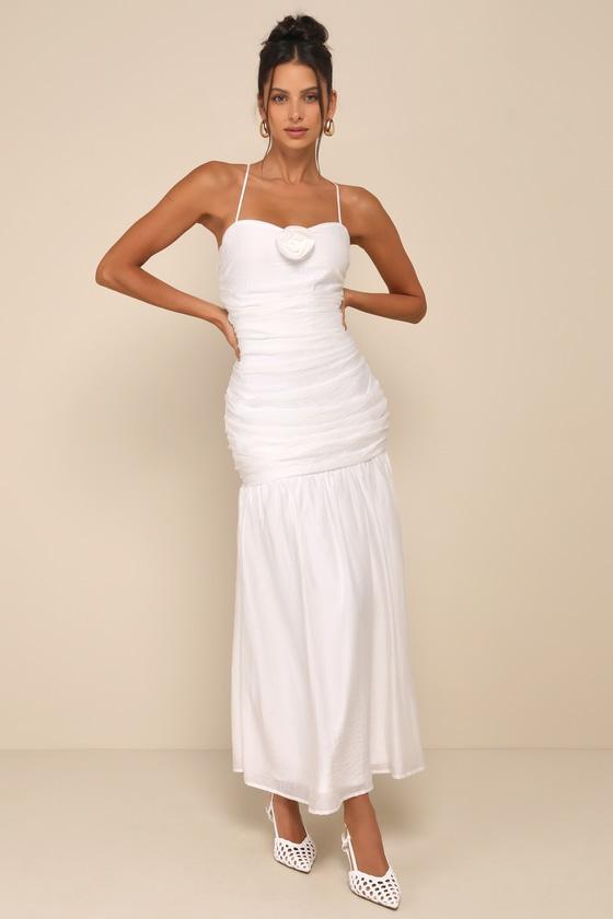 Dream Elegance White Ruched Rosette Drop Waist Maxi Dress Product Image