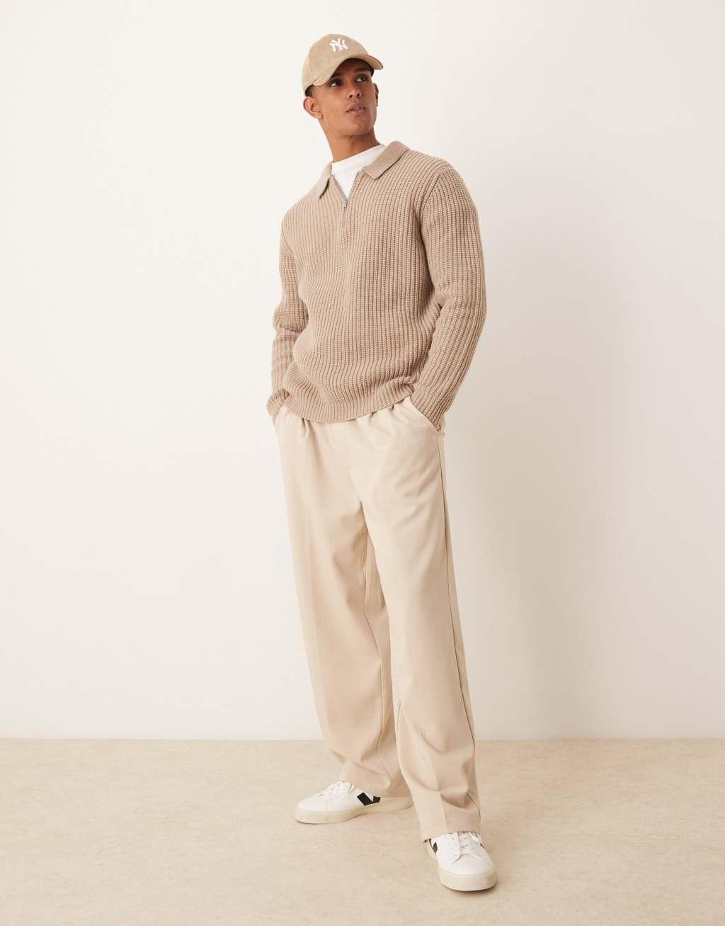 ASOS DESIGN wool mix oversized heavyweight quarter zip rib sweater with collar in taupe Product Image