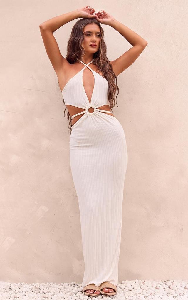 Cream Textured Cut Out Ring Detail Maxi Dress Product Image