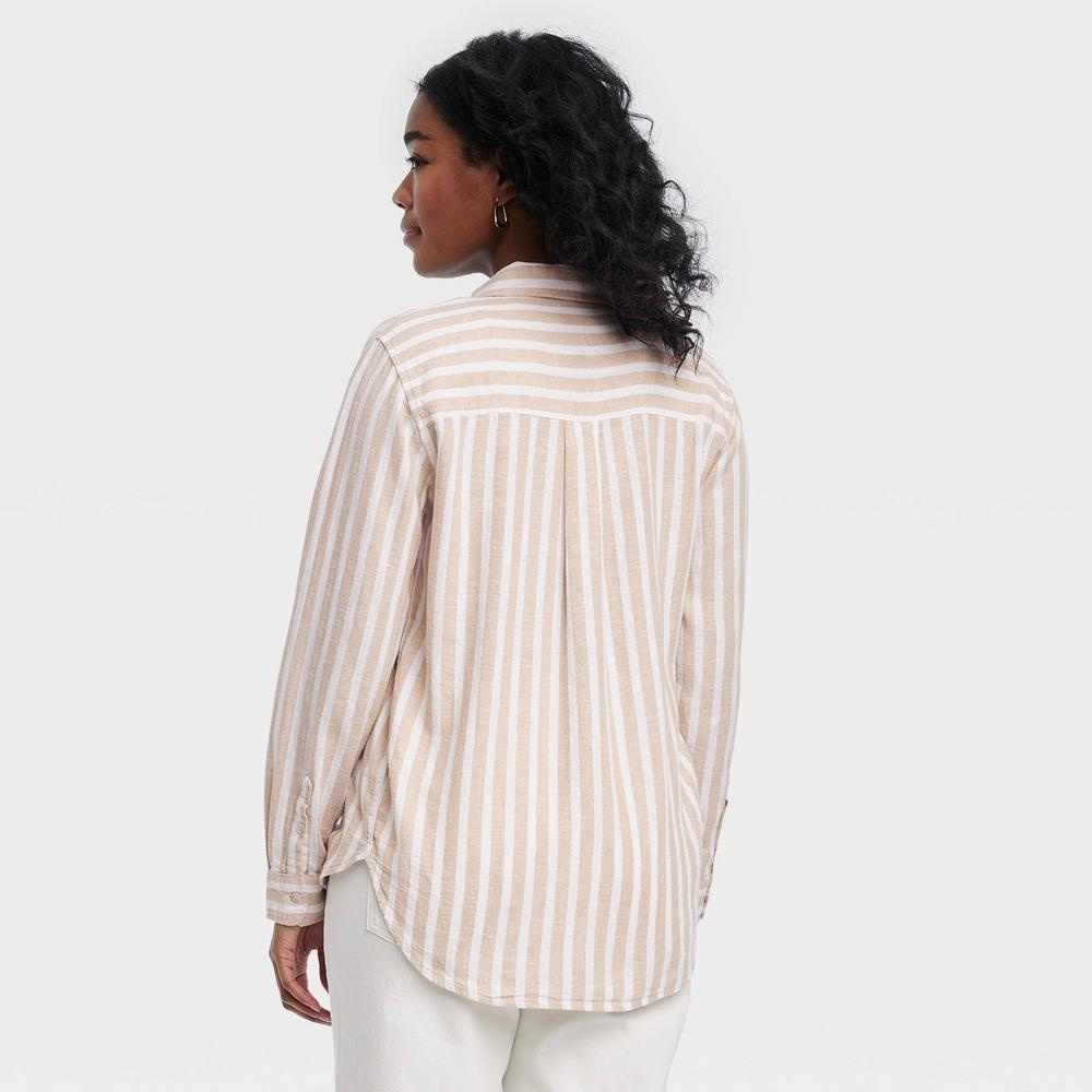 Womens Linen Long Sleeve Collared Button-Down Shirt - Universal Thread Tan Striped M Product Image