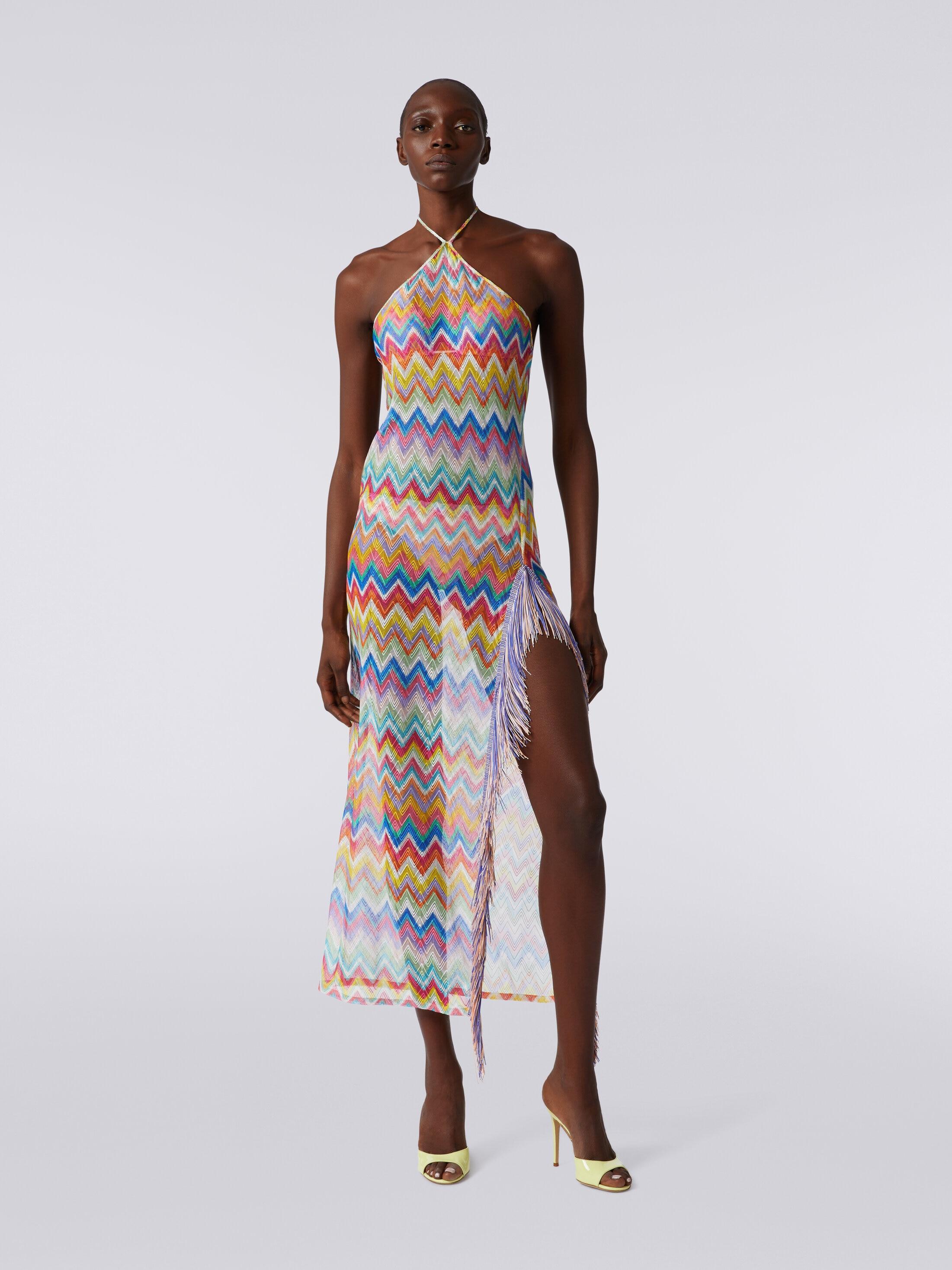 Long cover-up dress with zigzag print and fringes Product Image