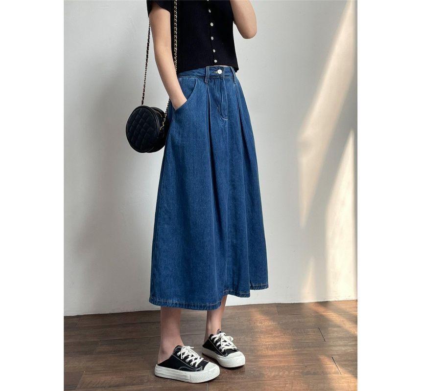 High Waist Washed Midi A-Line Denim Skirt Product Image