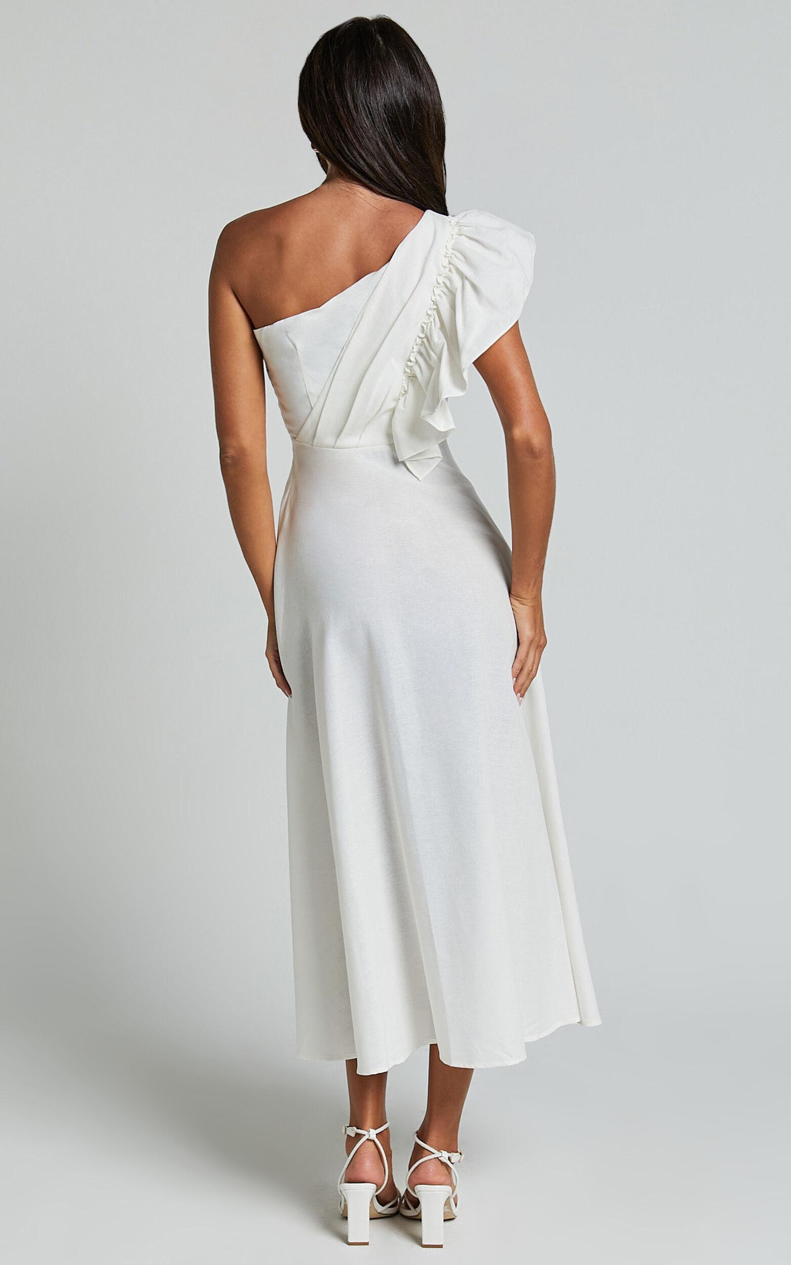 Dixie Midi Dress - Linen Look One Shoulder Ruffle Dress in White Product Image