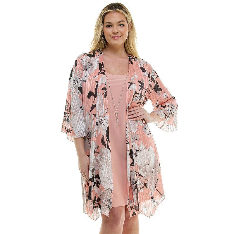 Plus Size Luxology 2-Piece 3/4 Bell Sleeve Cardigan & Drop Collar Dress Set, Womens Product Image