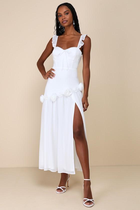 Romantic Attitude White Chiffon Rosette Drop Waist Maxi Dress Product Image