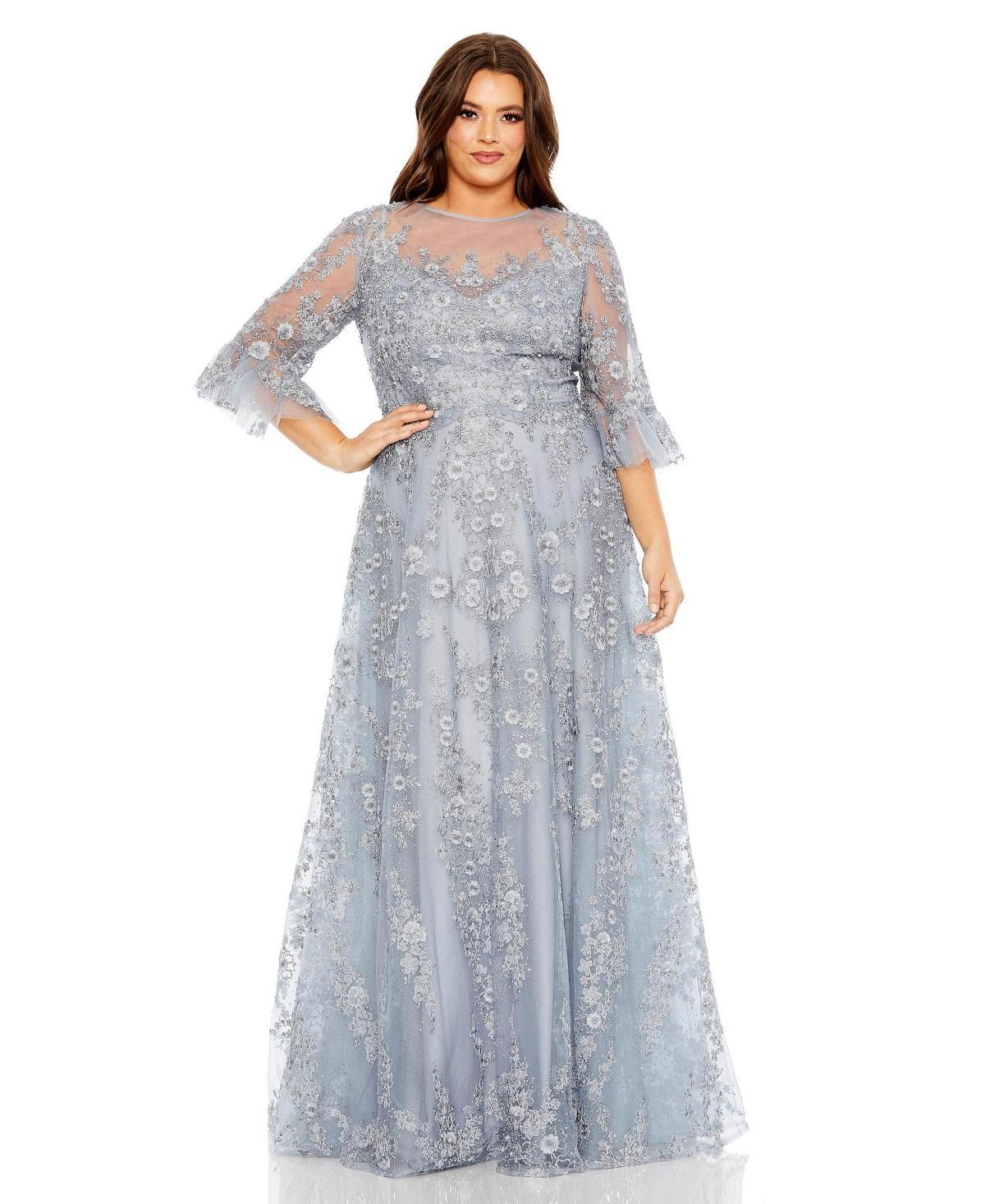 Mac Duggal Womens High Neck Flutter Sleeve Embroidered A Line Gown Product Image