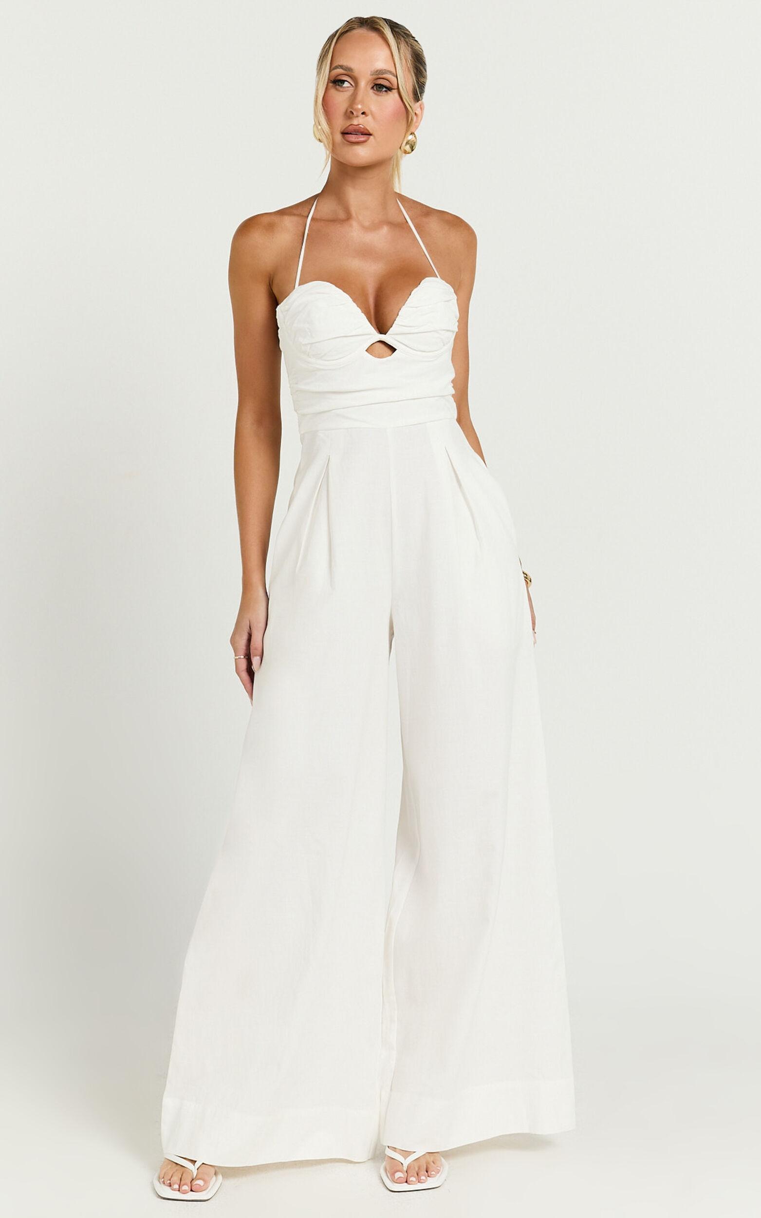 Norah Jumpsuit - Linen Look Halter Neck Wide Leg Jumpsuit in White Product Image