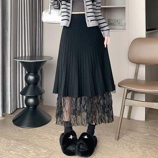 High Rise Plain Ruched Accordion Pleated Maxi A-Line Skirt Product Image