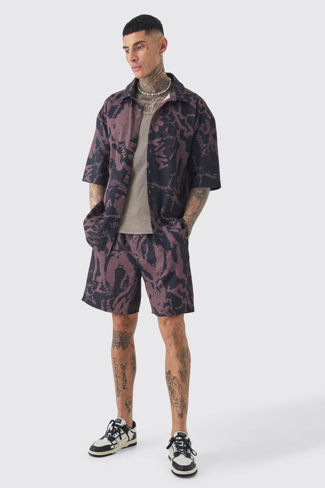 Tall Abstract Printed Oversized Short Sleeve Pleated Shirt & Short Set | boohooMAN USA Product Image