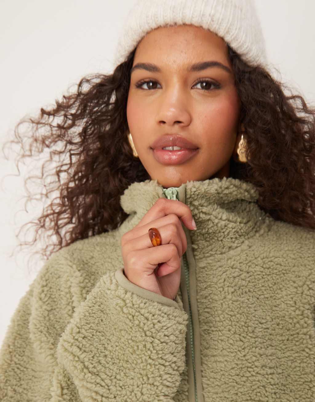 ASOS DESIGN teddy zip up sweatshirt in sage green Product Image