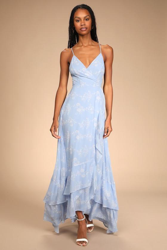 In Love Forever Light Blue Floral Lace-Up High-Low Maxi Dress Product Image