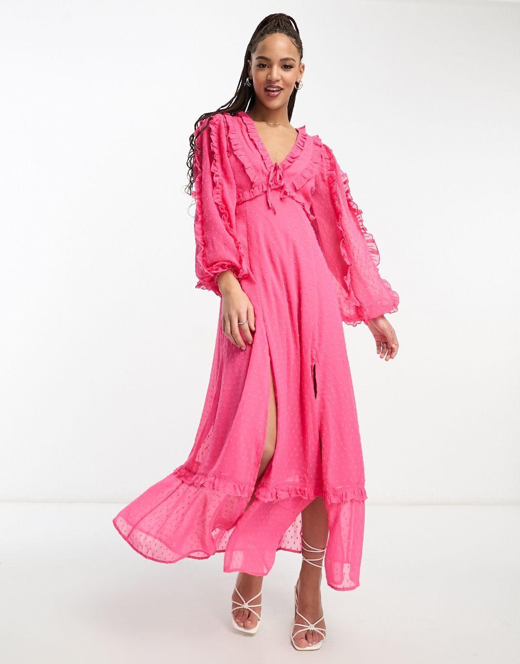 Miss Selfridge textured chiffon ruffle detail maxi dress in hot pink Product Image