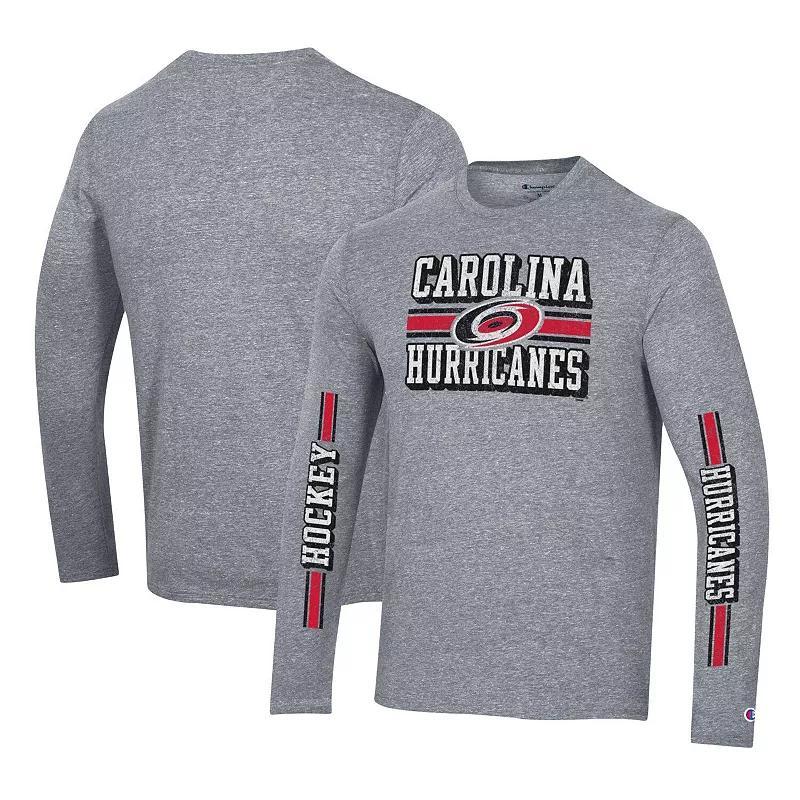 Mens Champion Heather Gray Carolina Hurricanes Tri-Blend Dual-Stripe Long Sleeve T-Shirt Product Image