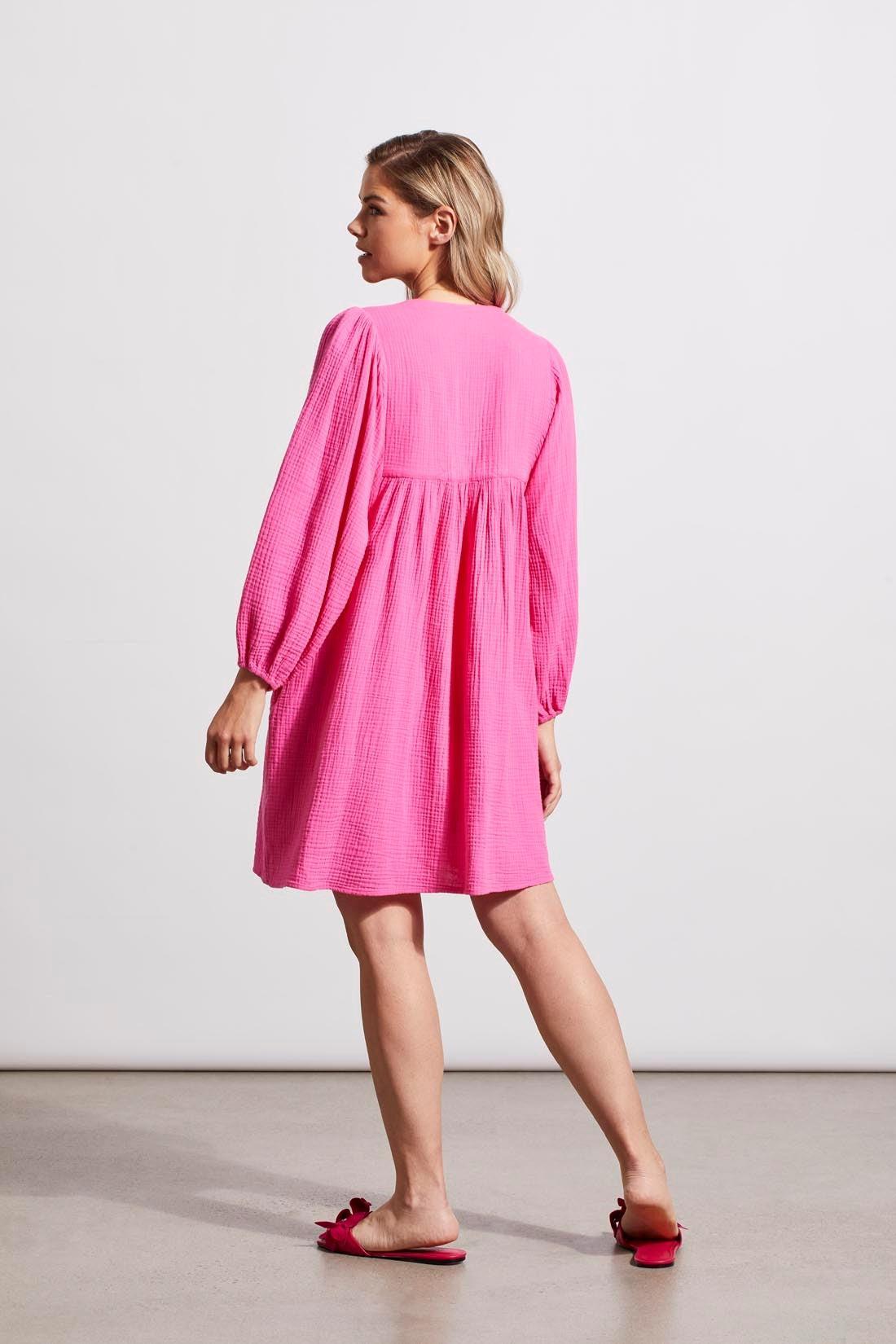 Cotton Gauze Puffy Sleeve Dress- Hi Pink Product Image