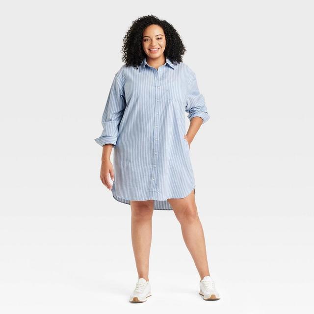 Womens Long Sleeve Mini Shirtdress - Universal Thread Blue Striped XXL Product Image