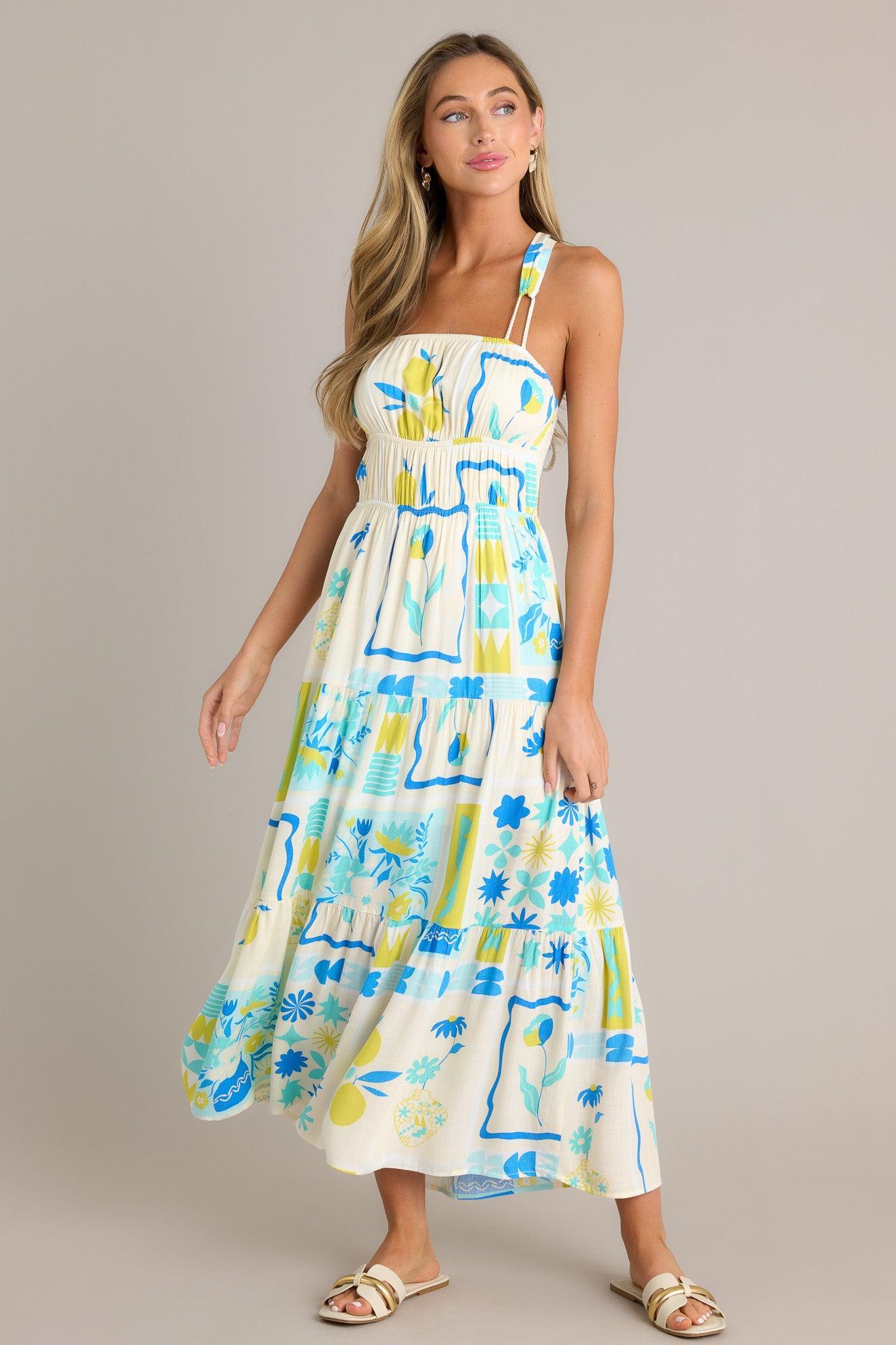 Summer Squeeze Blue Multi Print Tiered Midi Dress Product Image