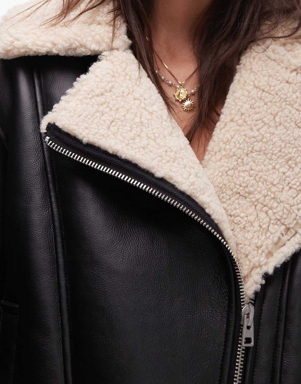 Topshop shearling aviator jacket in black and cream Product Image