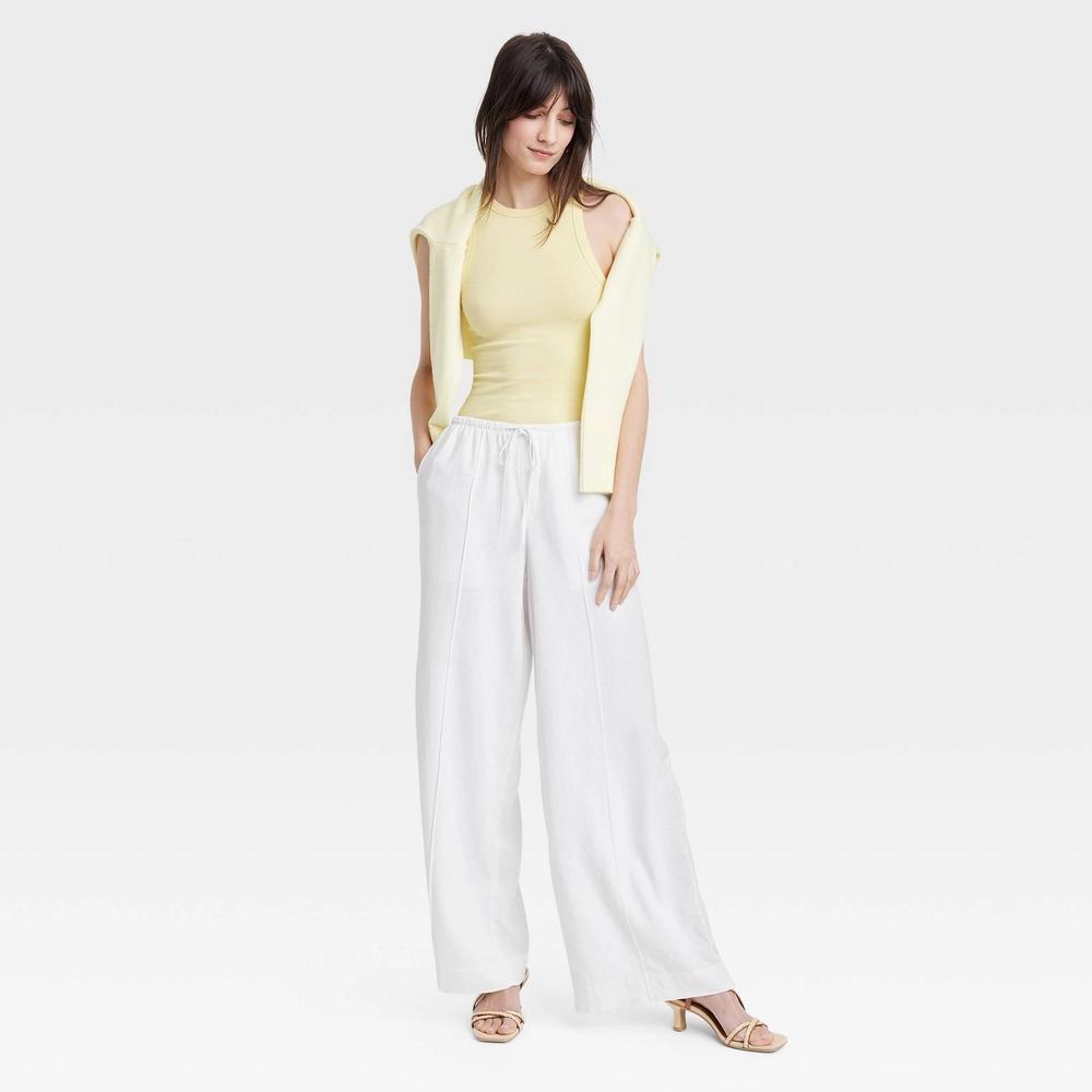 Women's High-Rise Wide Leg Linen Pull-On Pants - A New Day™ White XS Product Image