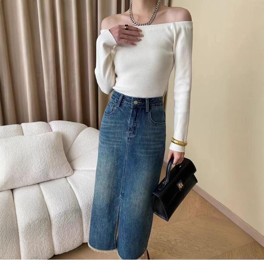 Off-Shoulder Plain Sweater Product Image