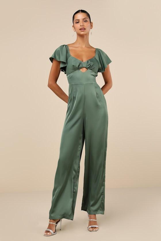 Amazing Perfection Dark Sage Green Satin Flutter Sleeve Jumpsuit Product Image