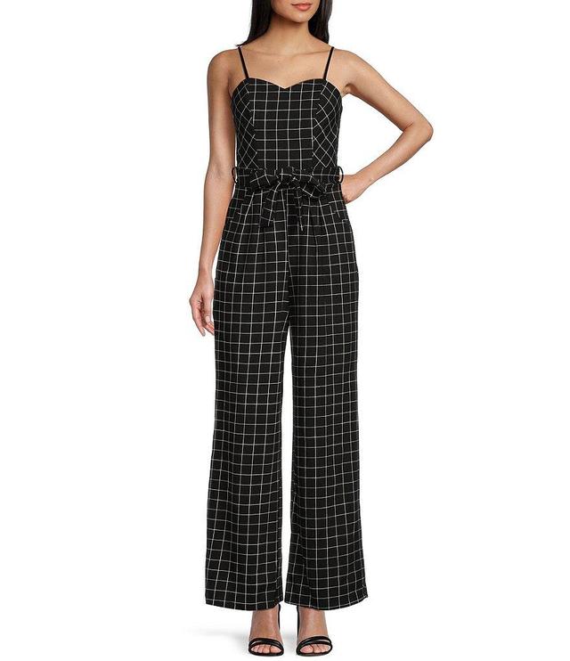 Honey and Rosie Large Windowpane Printed Waist Tie Wide Leg Jumpsuit Product Image