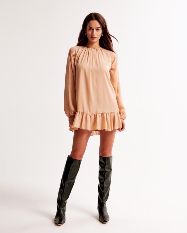 Long-Sleeve Ruffle Hem Mini Dress Product Image