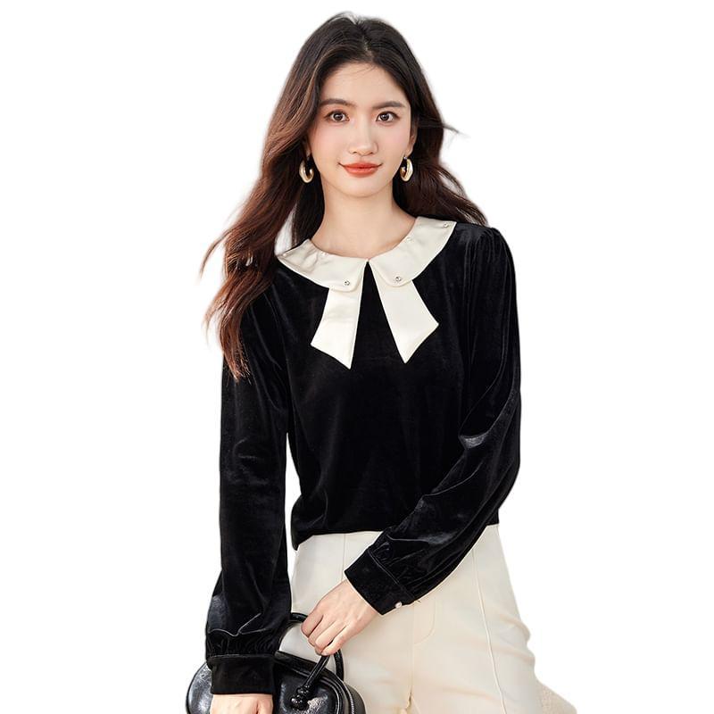 Long-Sleeve Two Tone Velvet Blouse Product Image