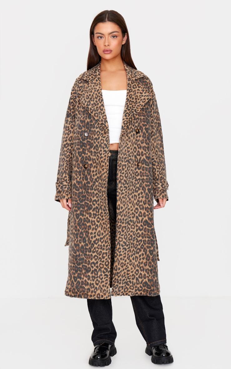 Brown Leopard Print Denim Trench Coat Product Image