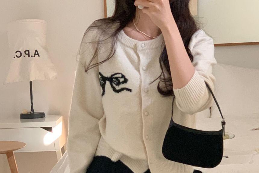 Round Neck Bow Jacquard Cardigan Product Image