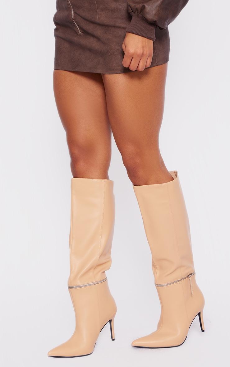 Beige Pu Point Toe Zip Off Knee High Stiletto Boots Product Image