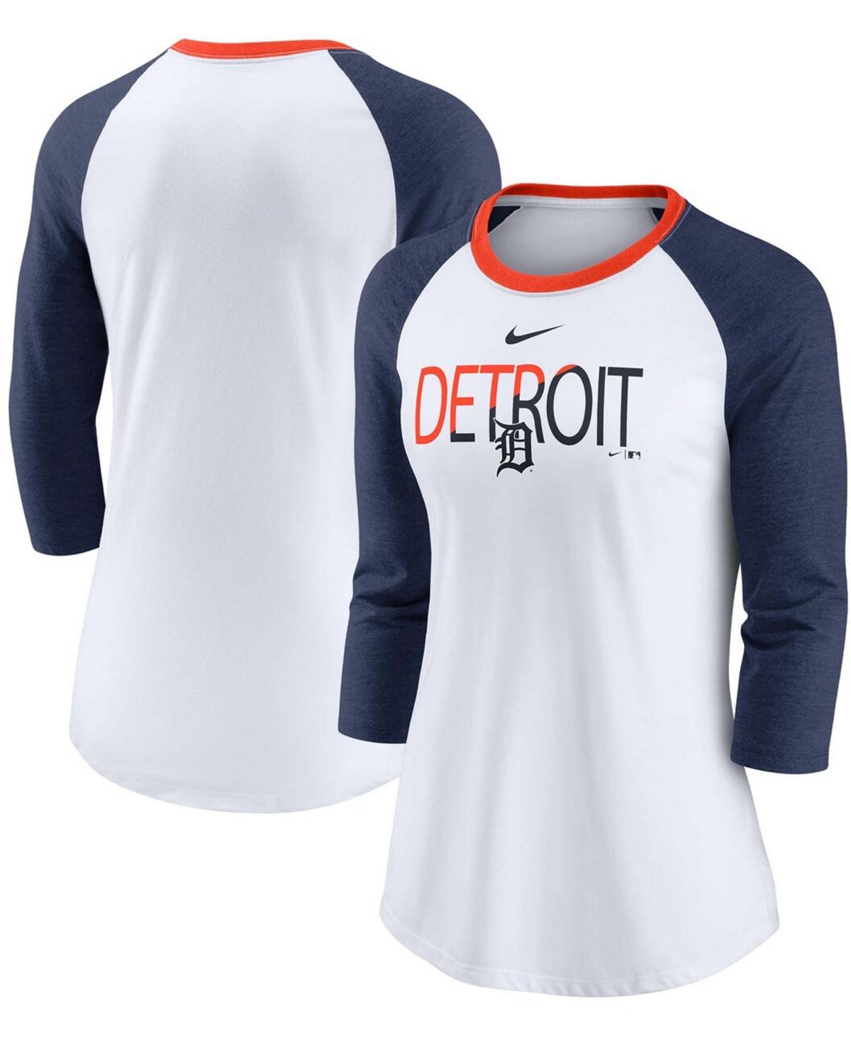 Womens White, Heathered Navy Detroit Tigers Color Split Tri-Blend 3/4 Sleeve Raglan T-shirt Product Image