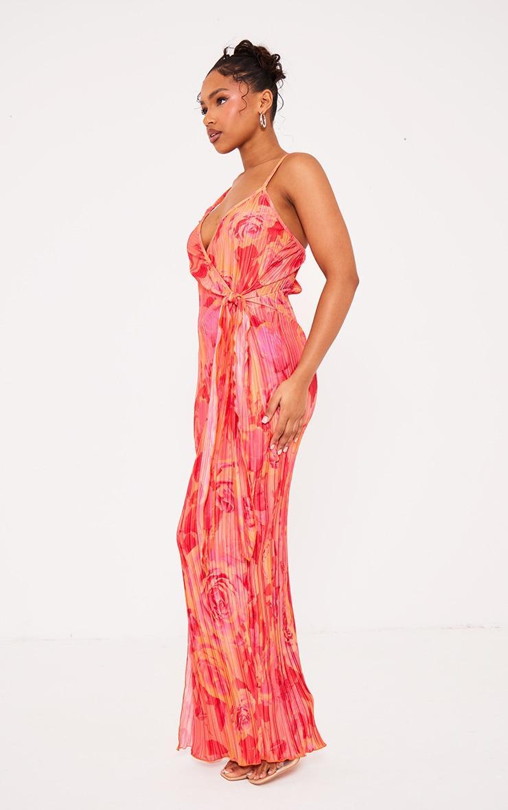 Pink Print Plisse Wrap Tie Maxi Dress Product Image