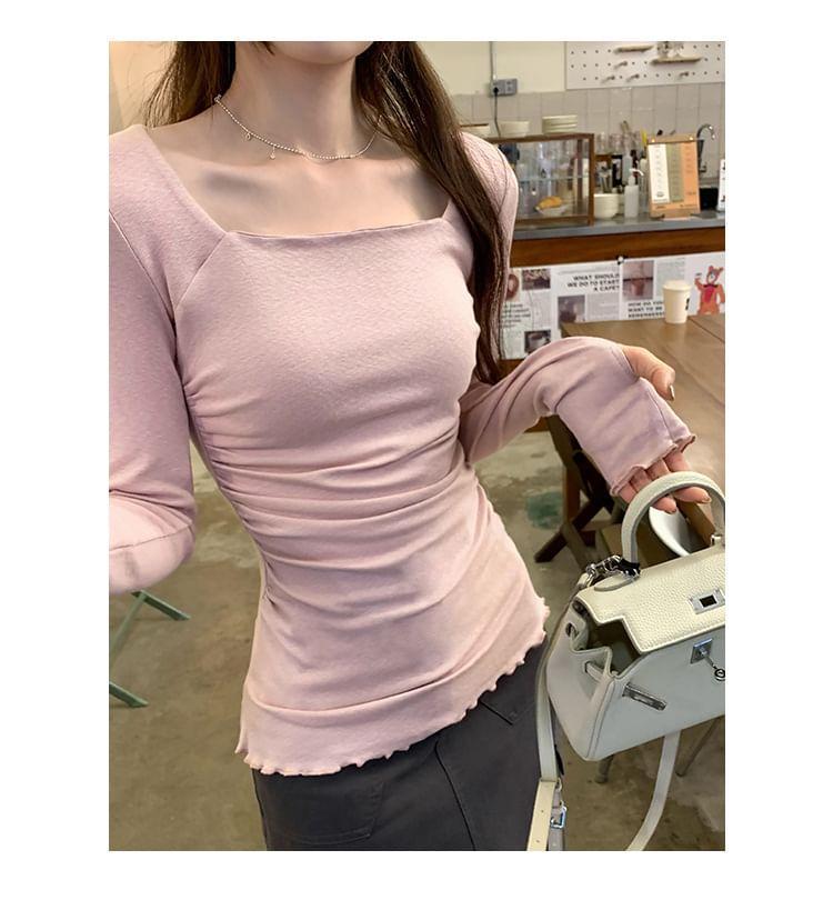 Long-Sleeve Square Neck Plain Lettuce Edge Slim Fit Tee Product Image