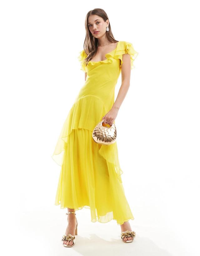 ASOS DESIGN ruffle midi dress with flutter sleeves in yellow Product Image