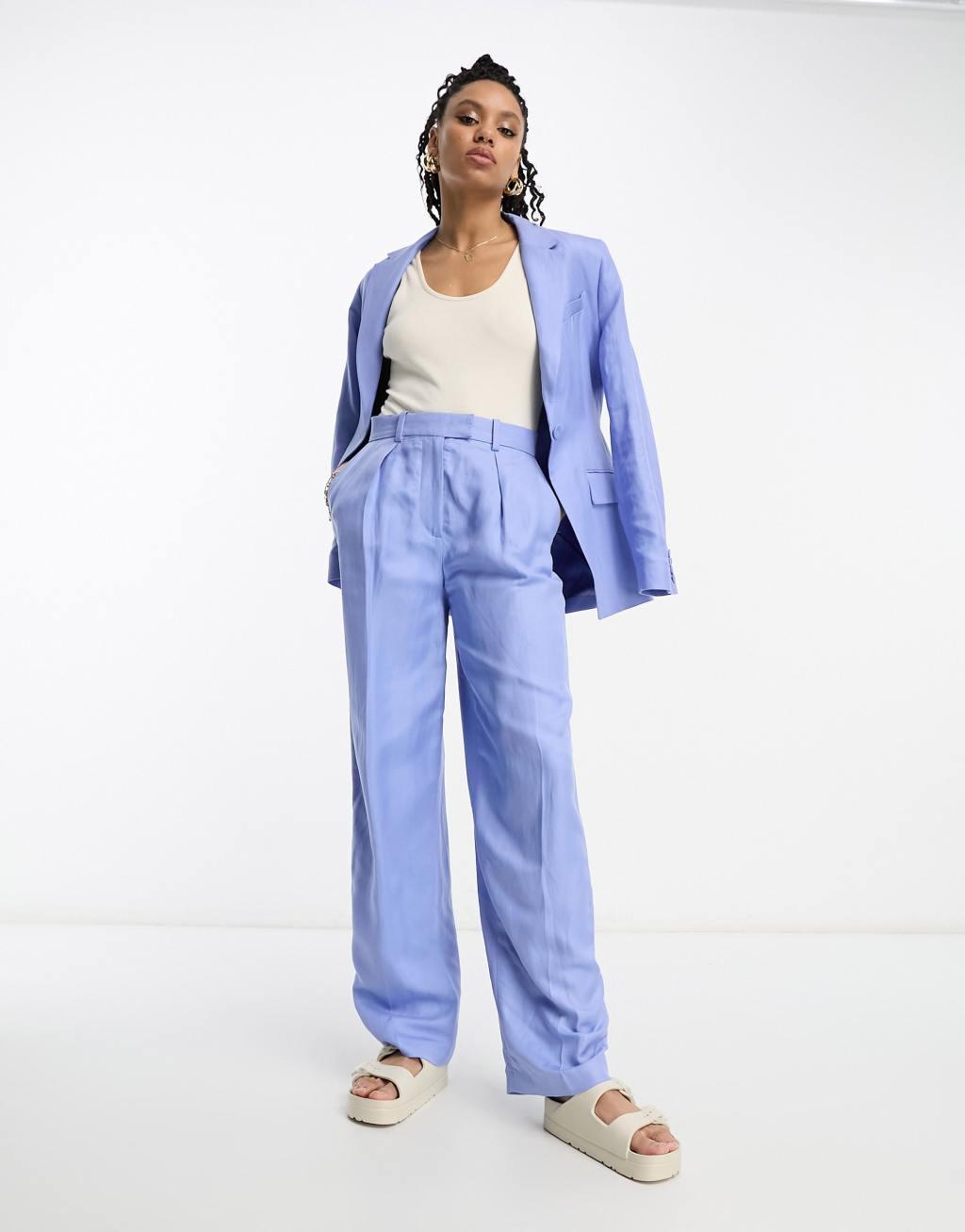 & Other Stories linen-blend tailored pants in blue - part of a set product image