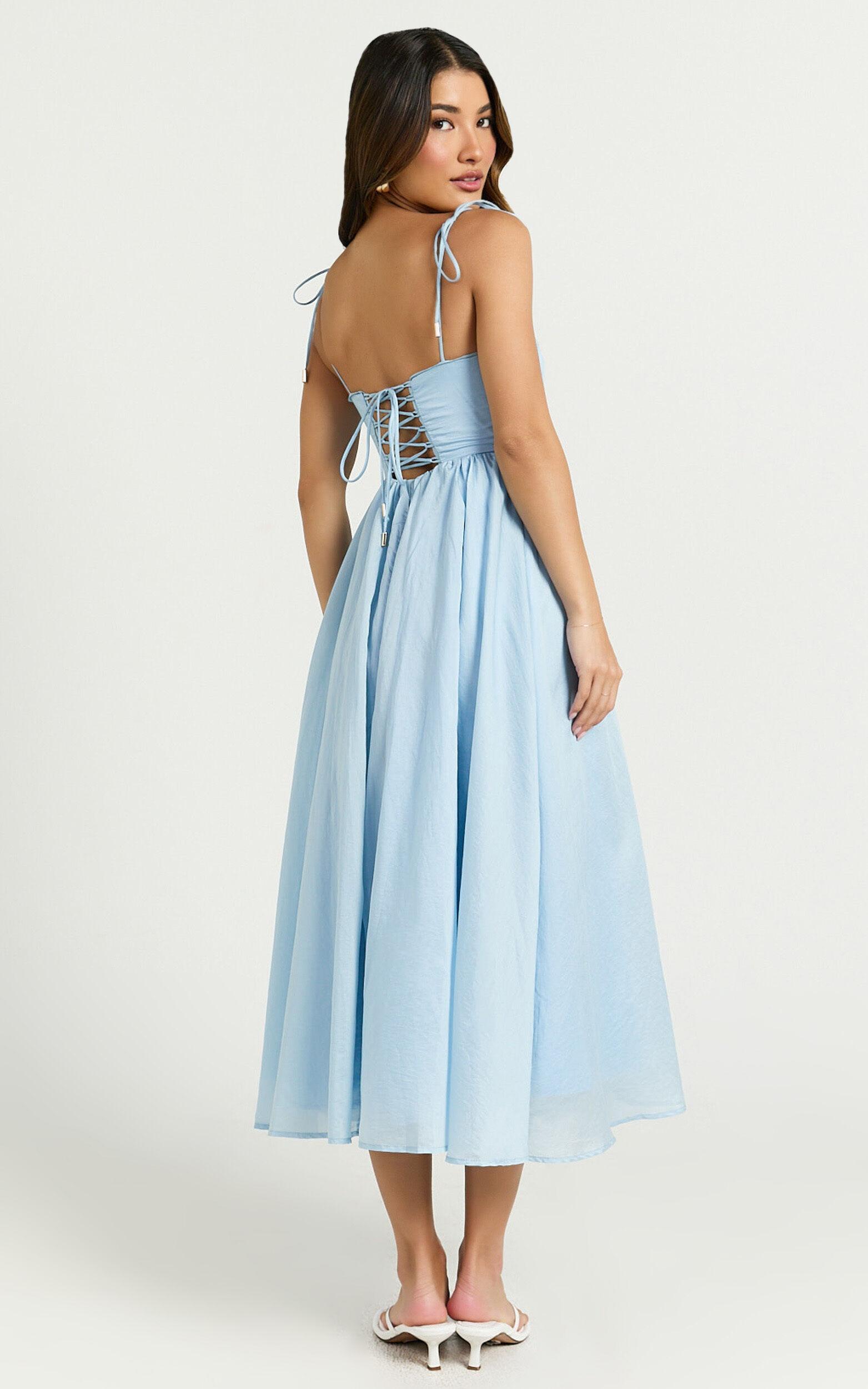 Dolores Midi Dress - Strappy Ruched Bust Corset Waist Dress in Blue Product Image